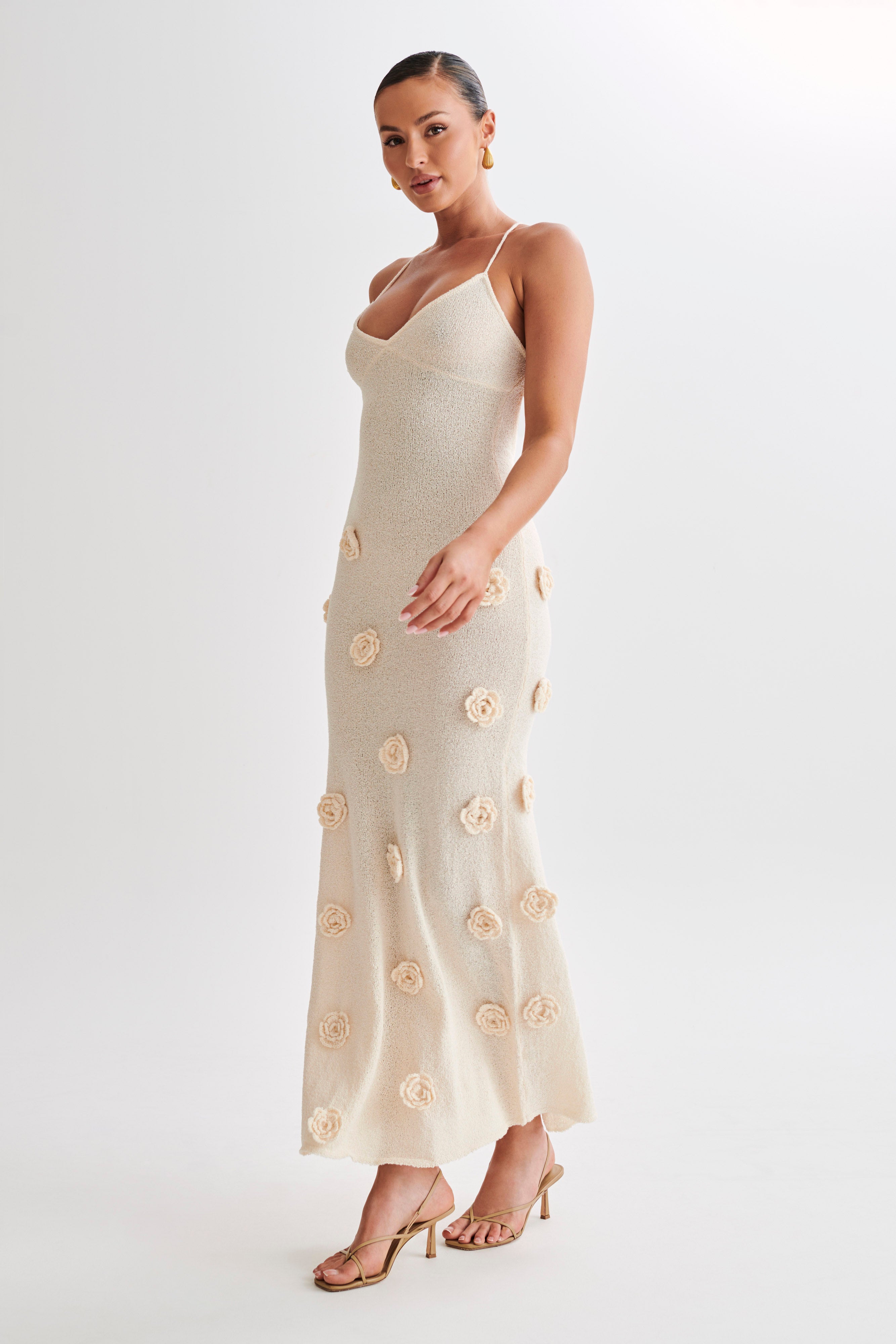 Suki Knit Maxi Dress With Flowers - Nude