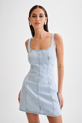 Rue Embellished Denim Mini Dress - Light Blue