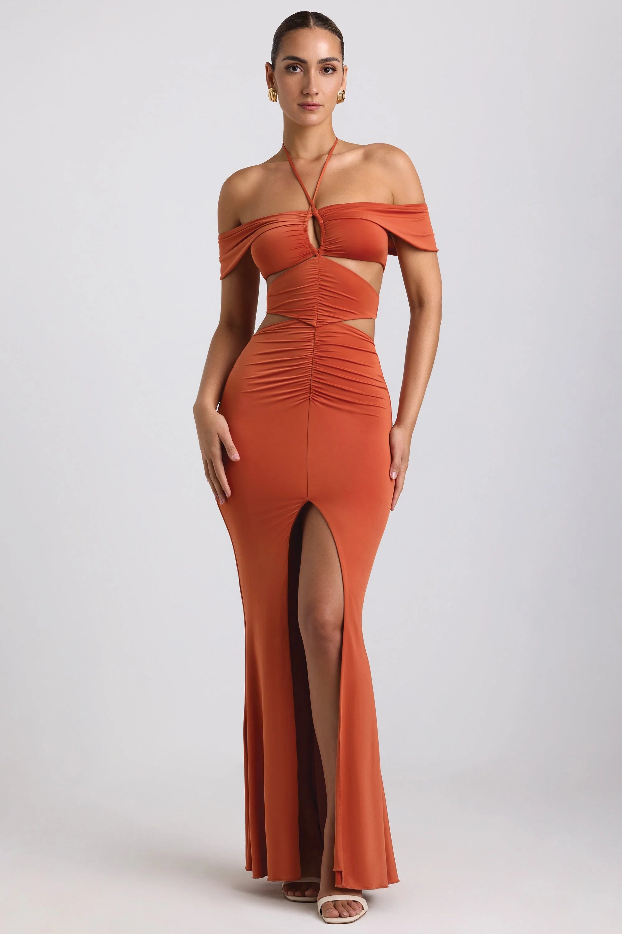 Slinky Jersey Cut-Out Halterneck Gown in Burnt Orange