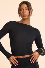 Long Sleeve Straight Neck Ruched Modal Cashmere Blend Top in Black