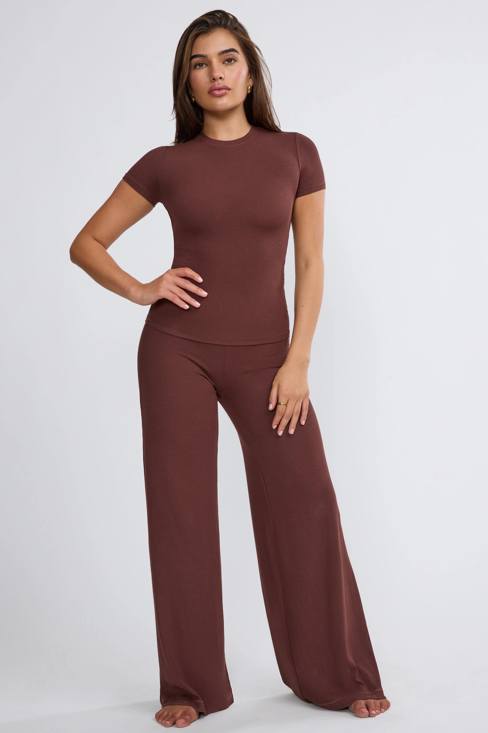 Ribbed Modal High Neck Top in Chocolate