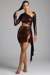 Cut Out Metallic Jersey Mini Dress in Copper Bronze