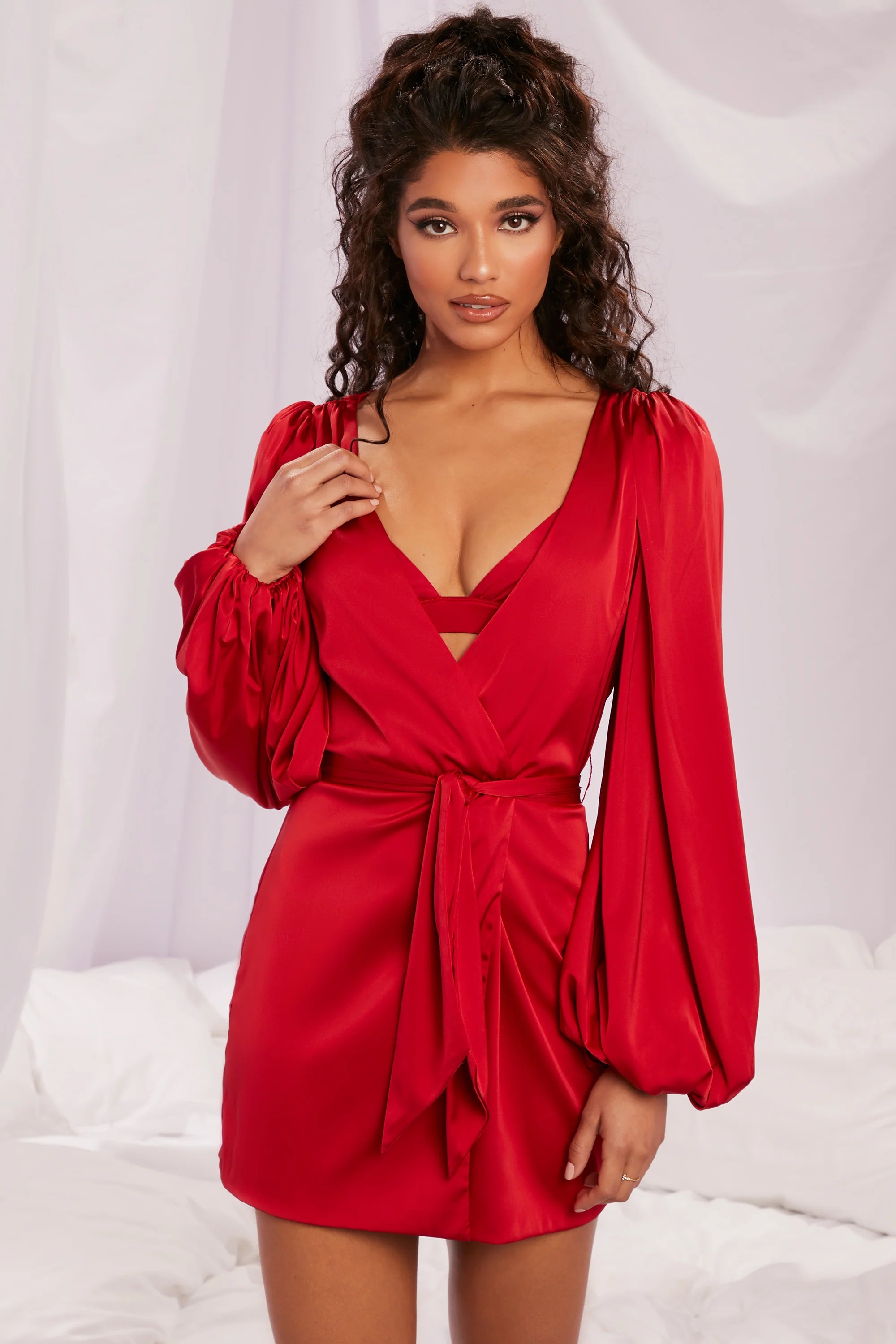 Satin Balloon Sleeve Robe in Red