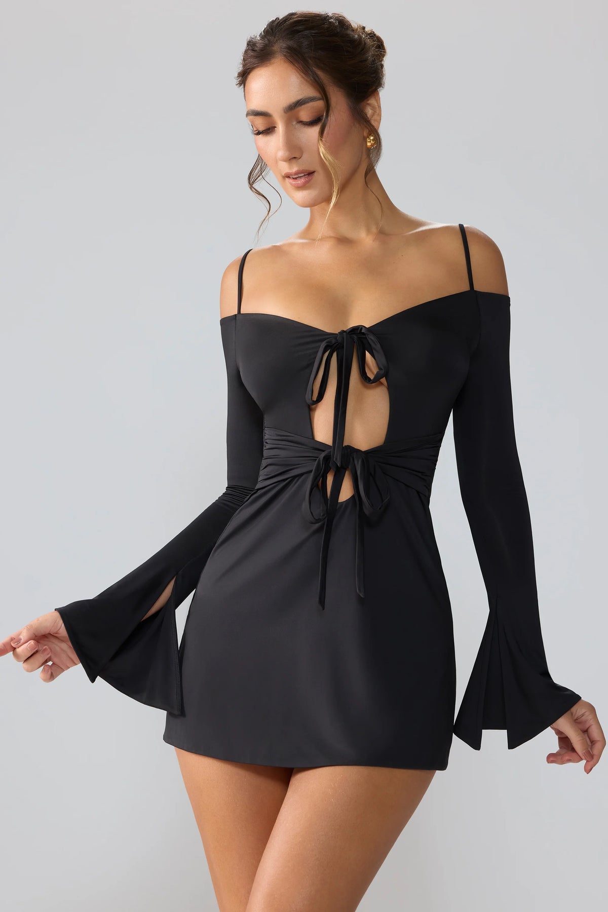 Slinky Jersey Long Sleeve Cut Out Mini Dress in Black