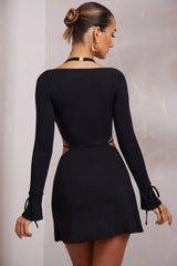 Long Sleeve Cut Out A-Line Mini Dress in Black