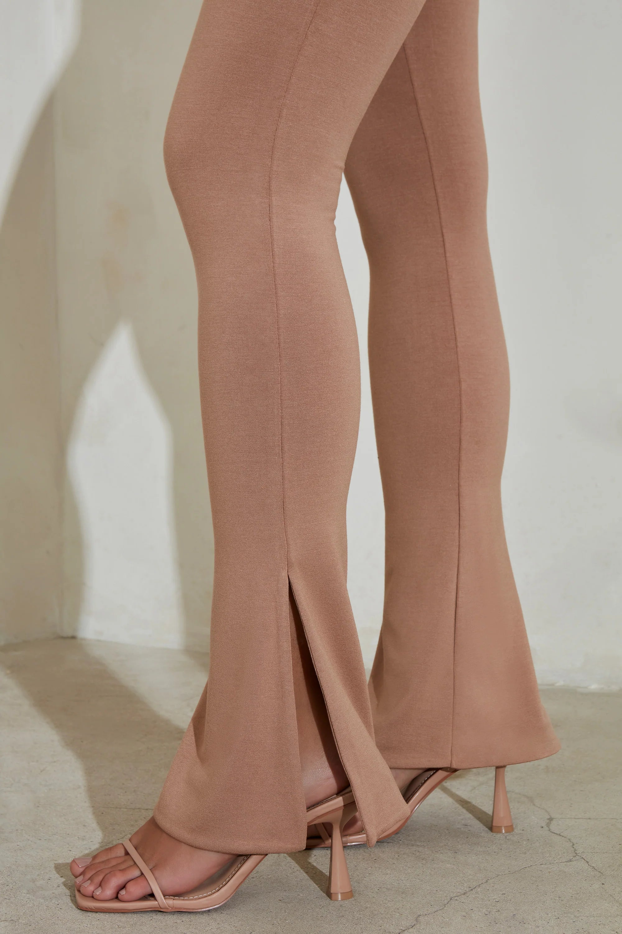 Strapless Flared Hem Jumpsuit in Tan