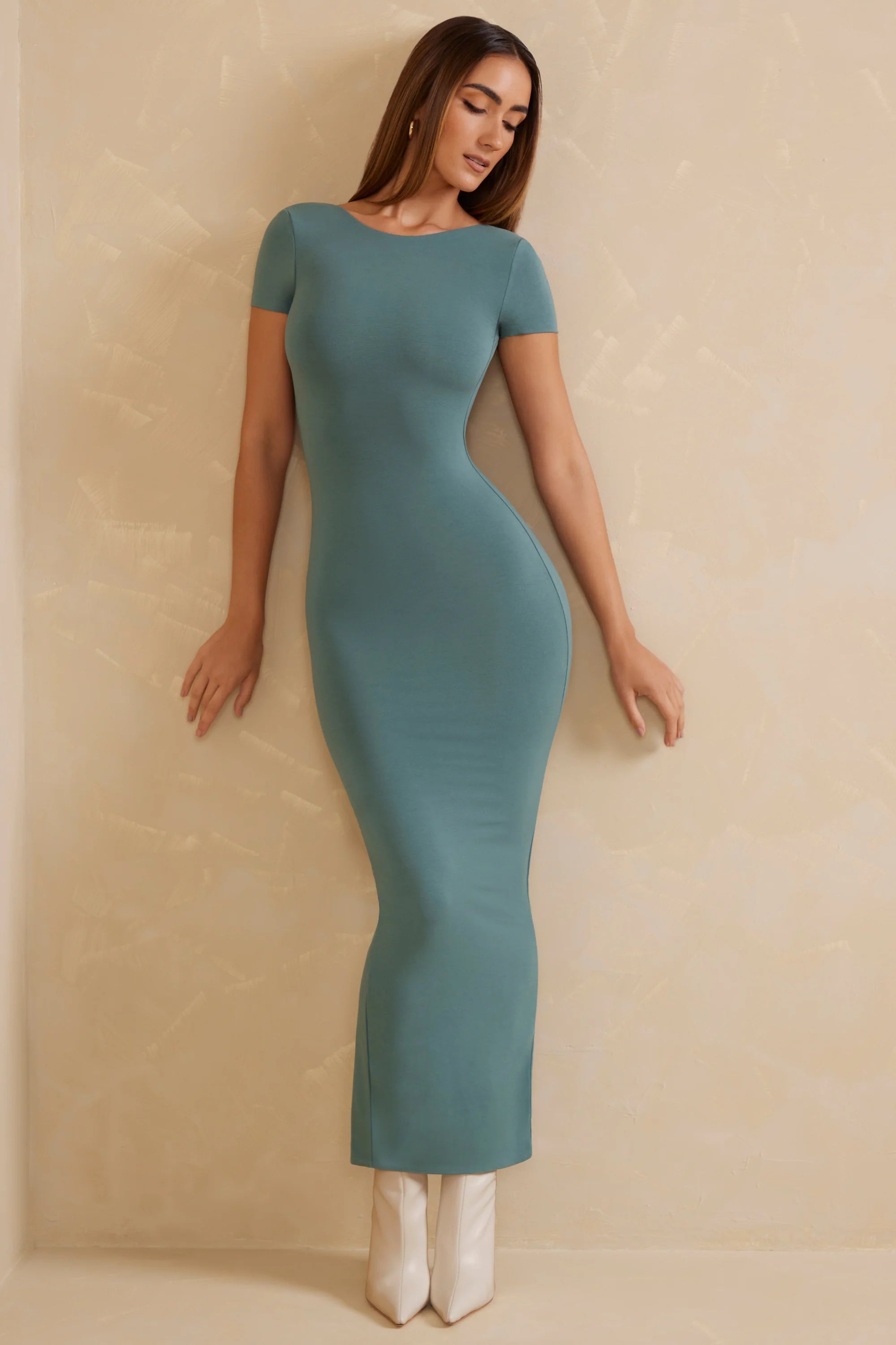 Cap Sleeve Open Back Maxi Dress in Teal