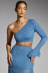 Verziertes One-Shoulder-Top in Rauchblau