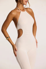 Textured Jersey Halter Neck Ruched Cut Out Jumpsuit in Ivory