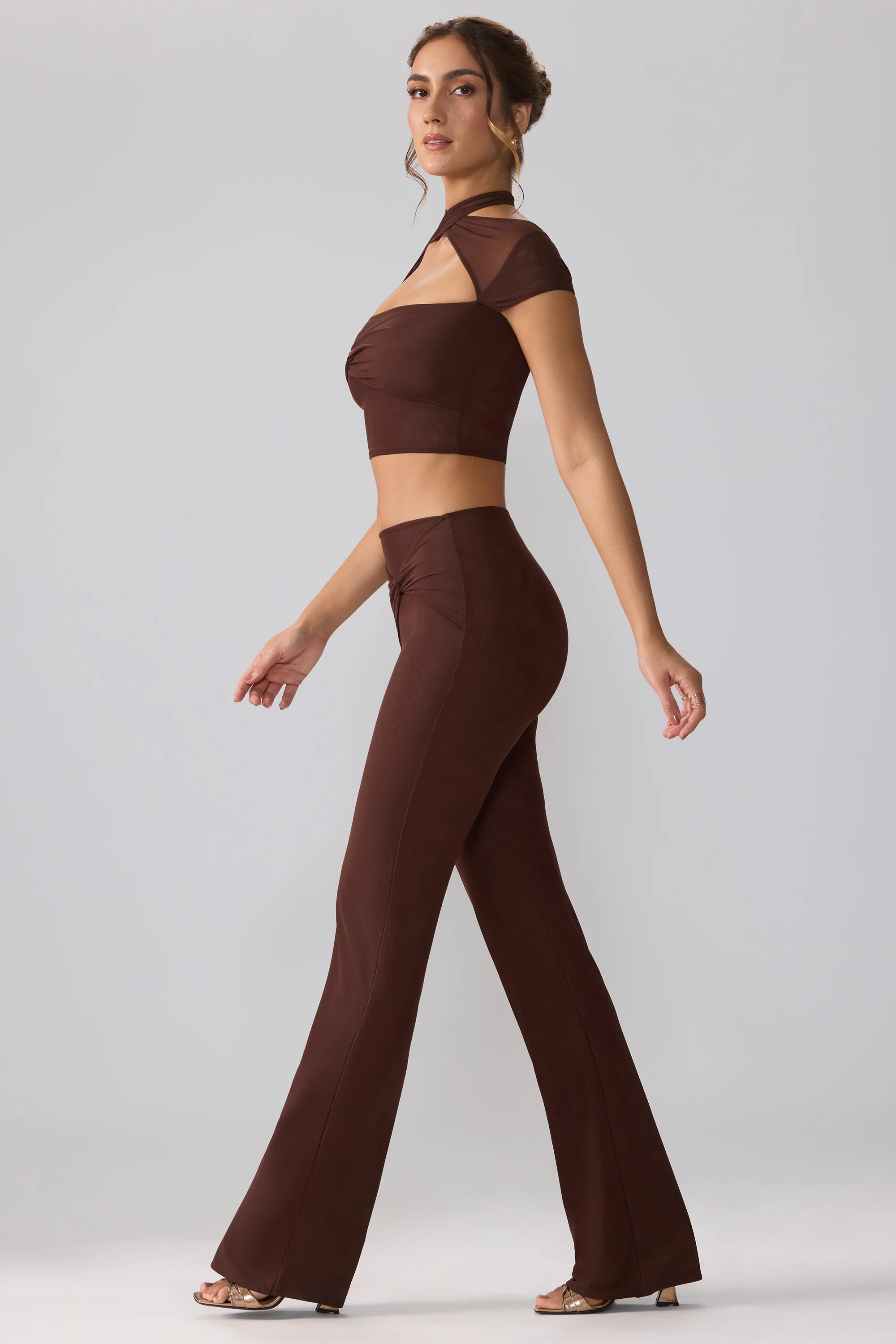 Mesh Mid Rise Twist Overlay Flare Trousers in Espresso