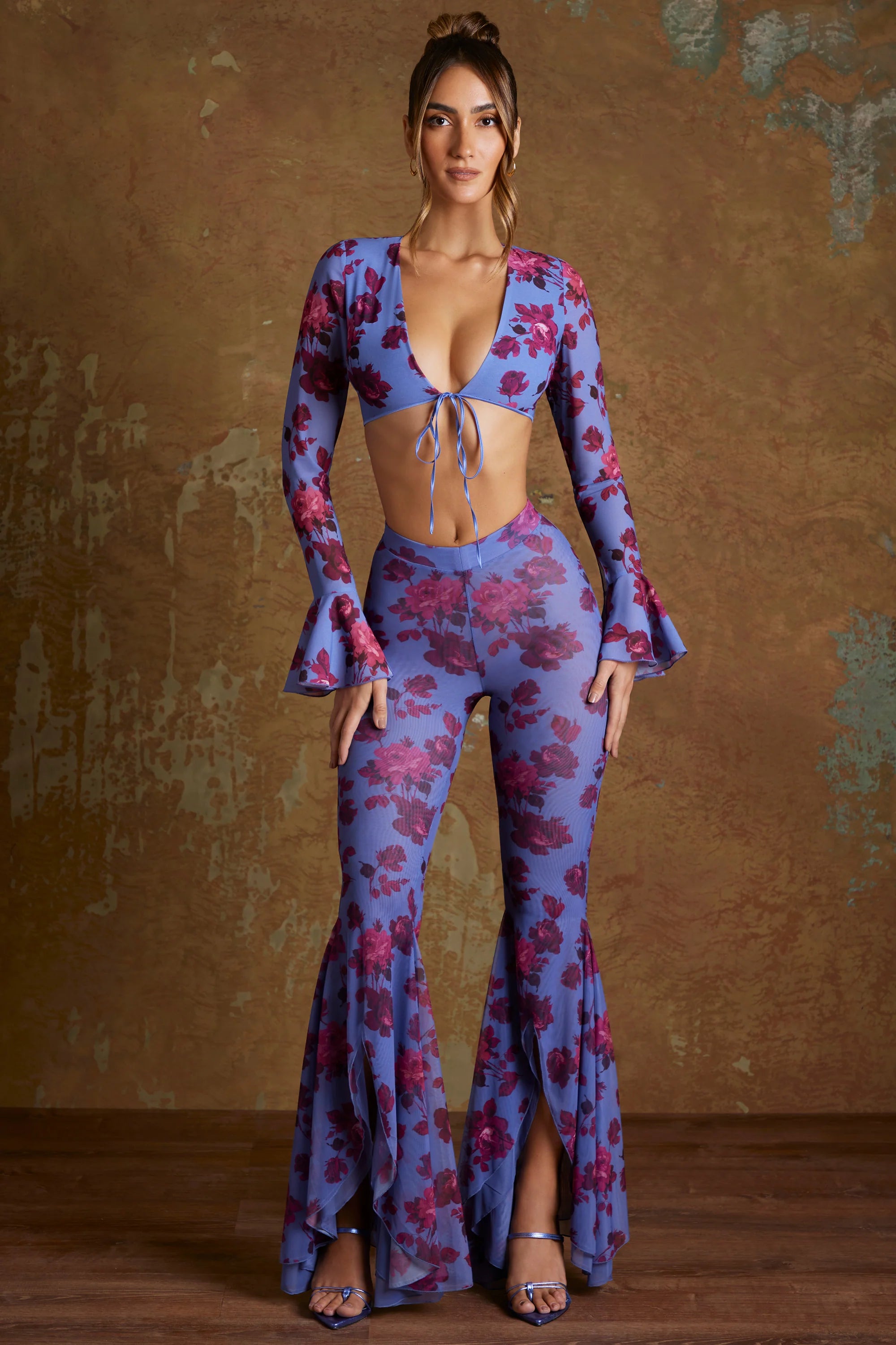 Split Flare Ruffle Trousers in Periwinkle Print