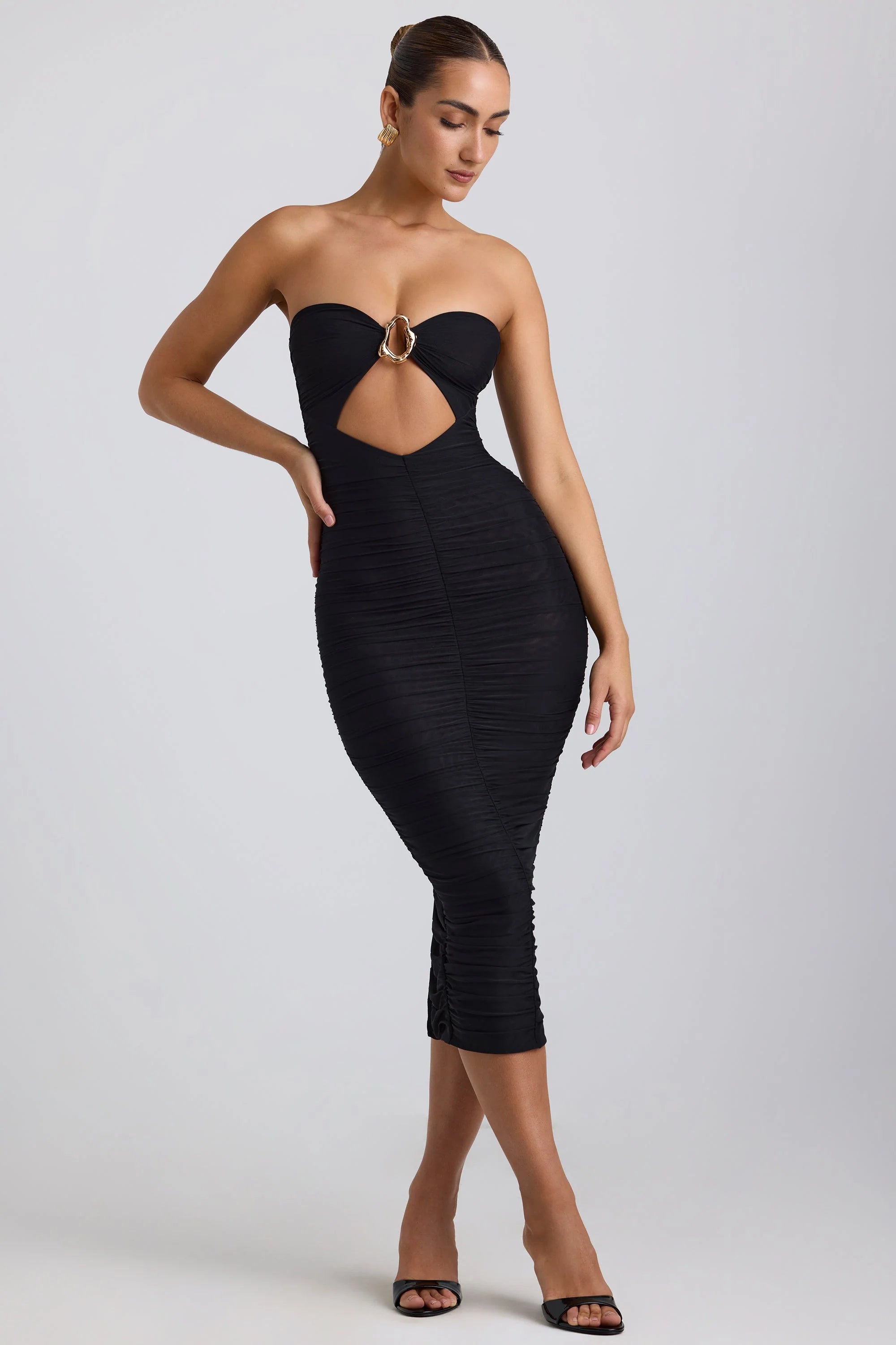 Ruched Hardware Detail Strapless Midaxi Dress in Black