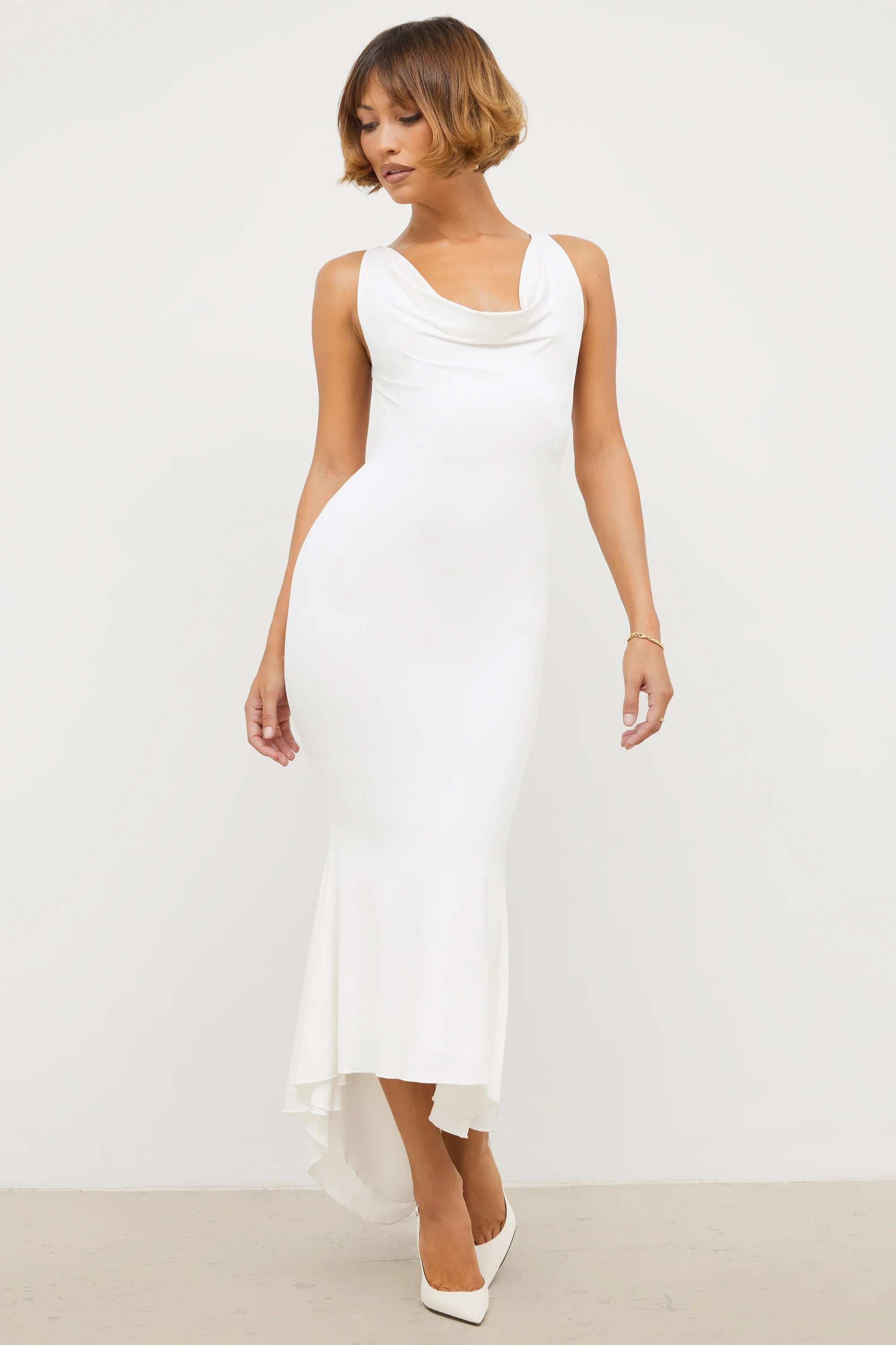 Slinky Jersey Rose Detail Midi Dress in White