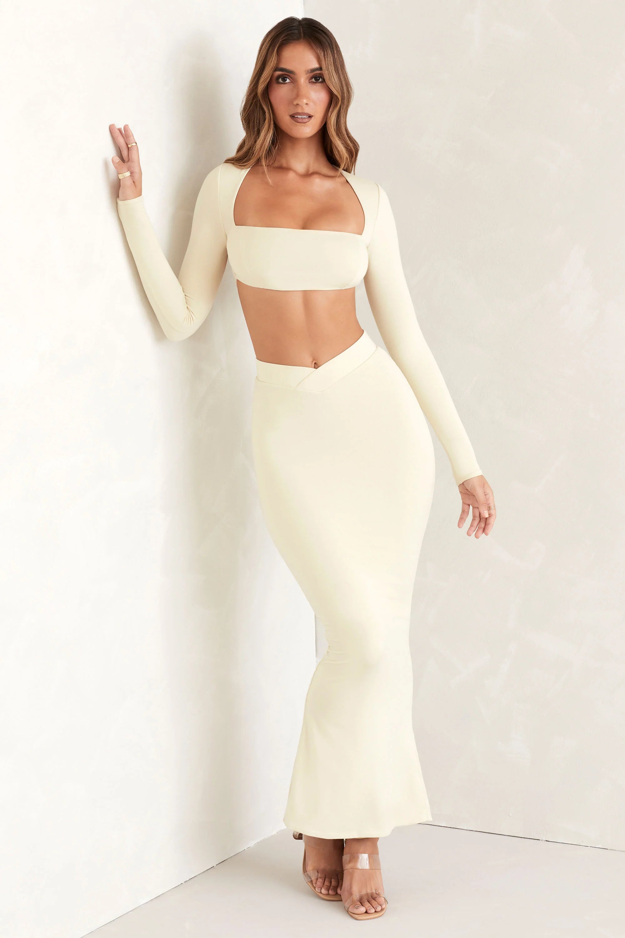 Cut Out Back Long Sleeve Crop Top in Ivory