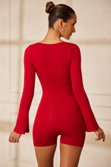 Long Sleeve Sweetheart Neckline Unitard in Red