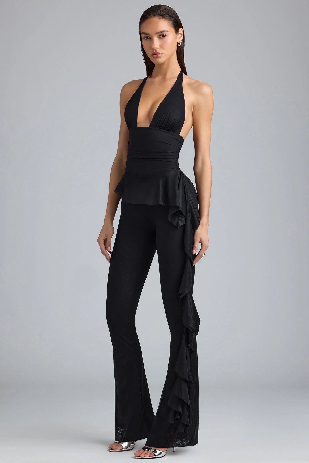 Metallic Ruffle Low-Rise Flared Trousers in Black