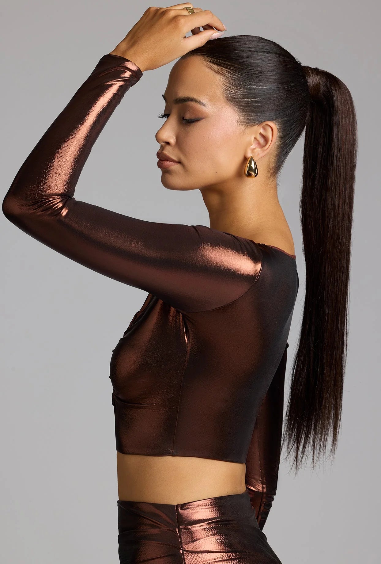 Plunge Neck Metallic Jersey Crop Top in Copper Bronze