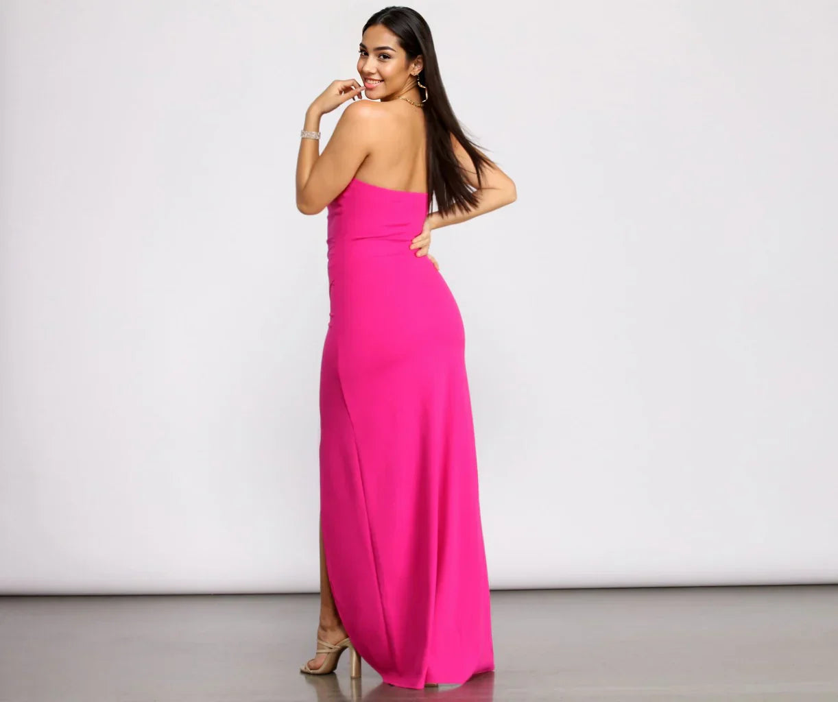 April Front Slit Strapless Crepe Dress