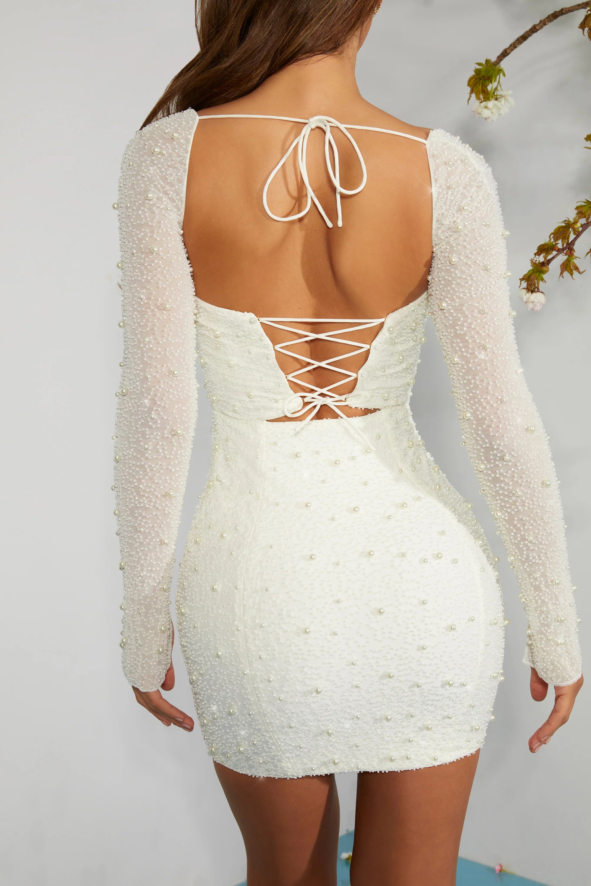 Long Sleeve Embellished Corset Mini Dress in Ivory