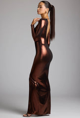 Long Sleeve Metallic Jersey Evening Gown in Copper Bronze