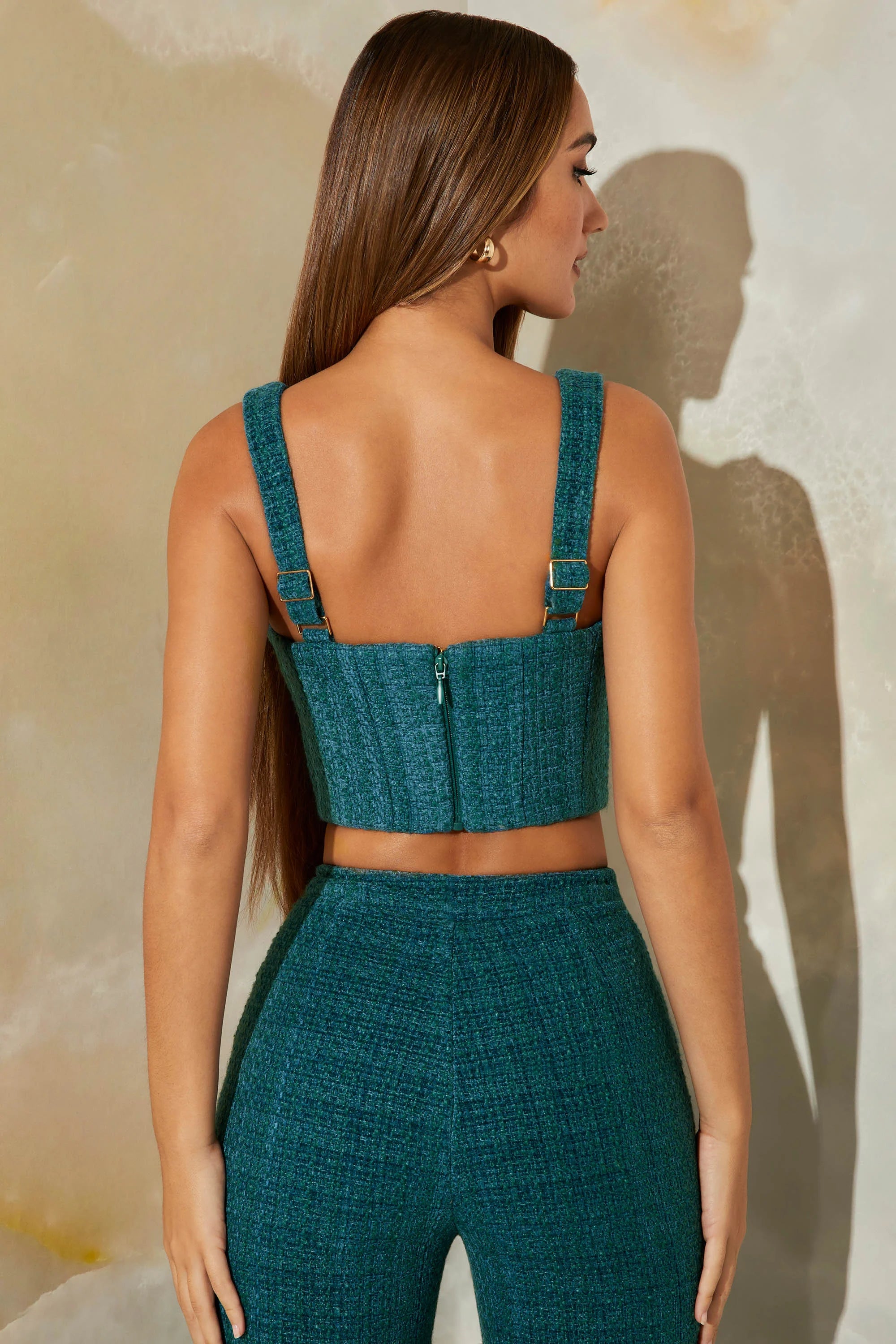 Top corto a corsetto con scollo quadrato in tweed color verde acqua