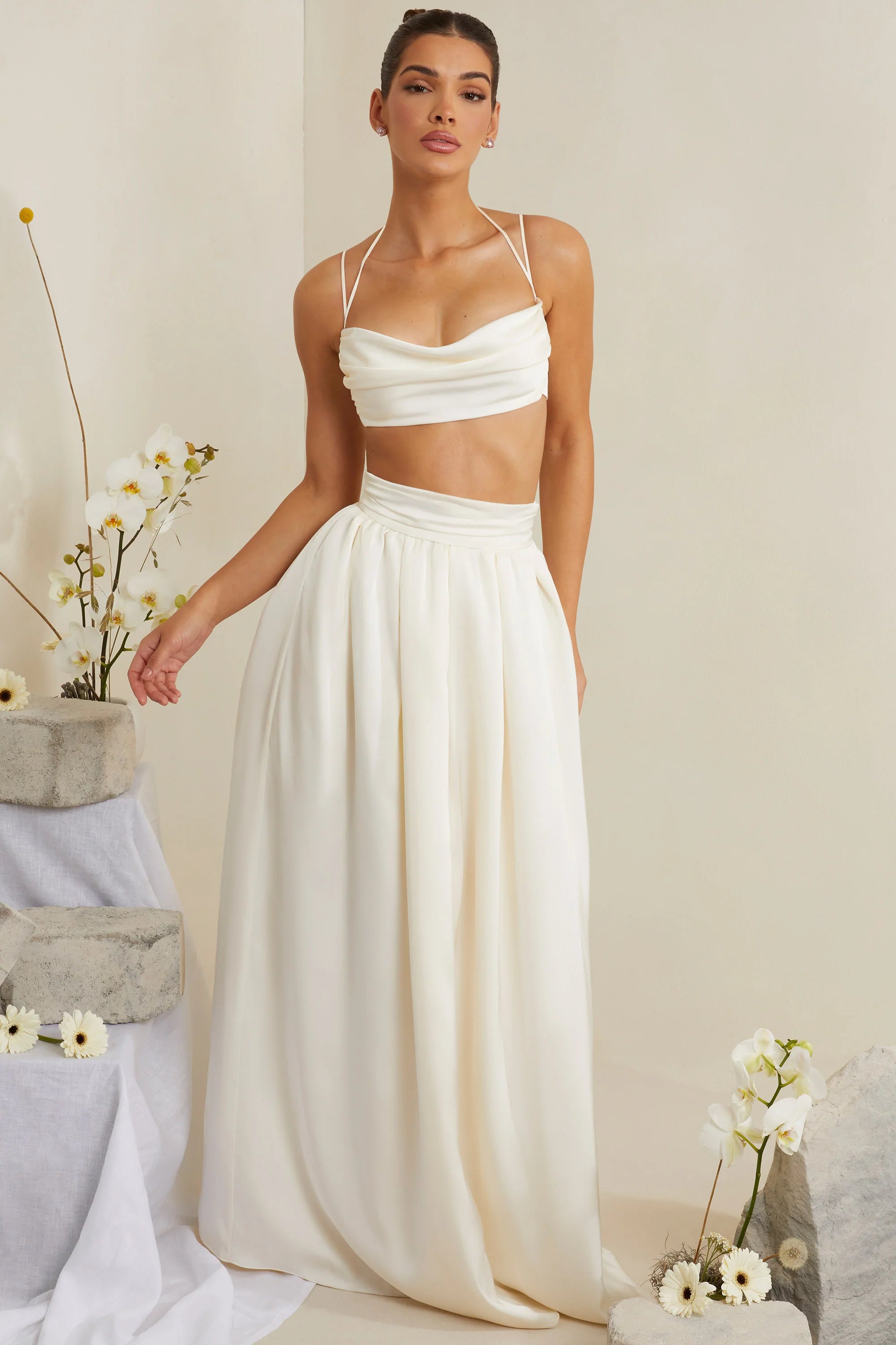 Cowl Neck Heavy Satin Crop Top in White