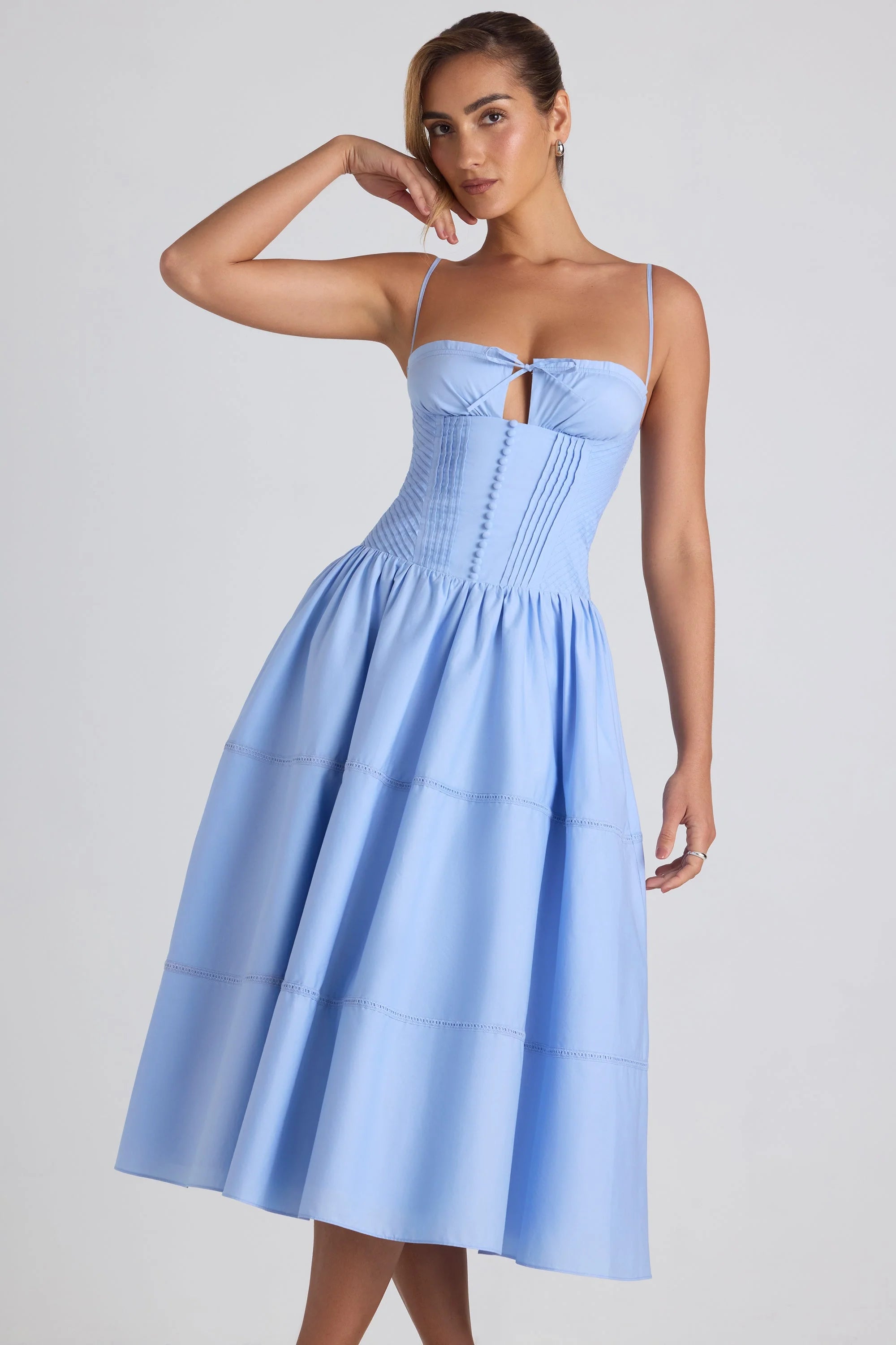 Lace-Trim Pintucked Poplin Midaxi Dress in Sky Blue