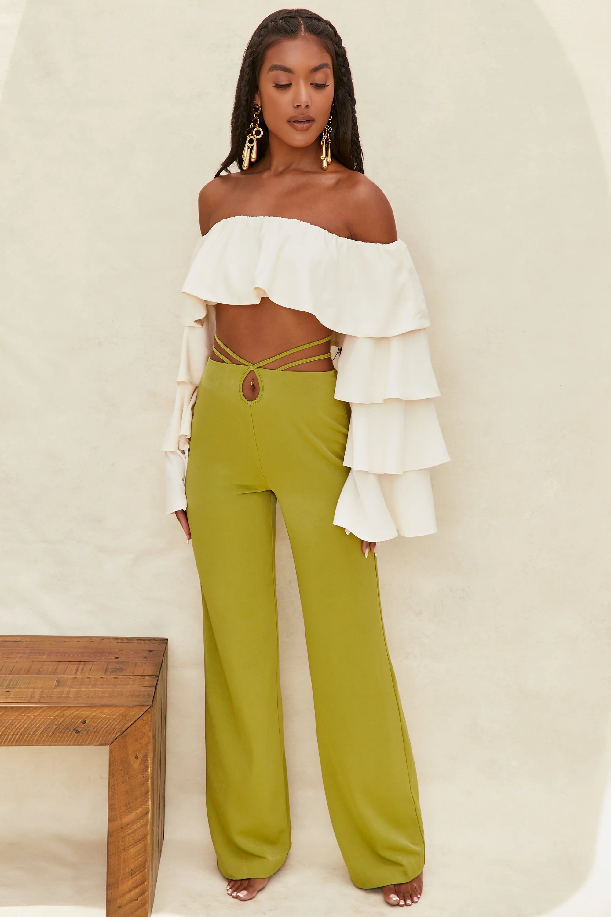 Cut Out Wide Leg Trousers in Olive