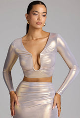 Plunge Neck Metallic Jersey Crop Top in Light Gold