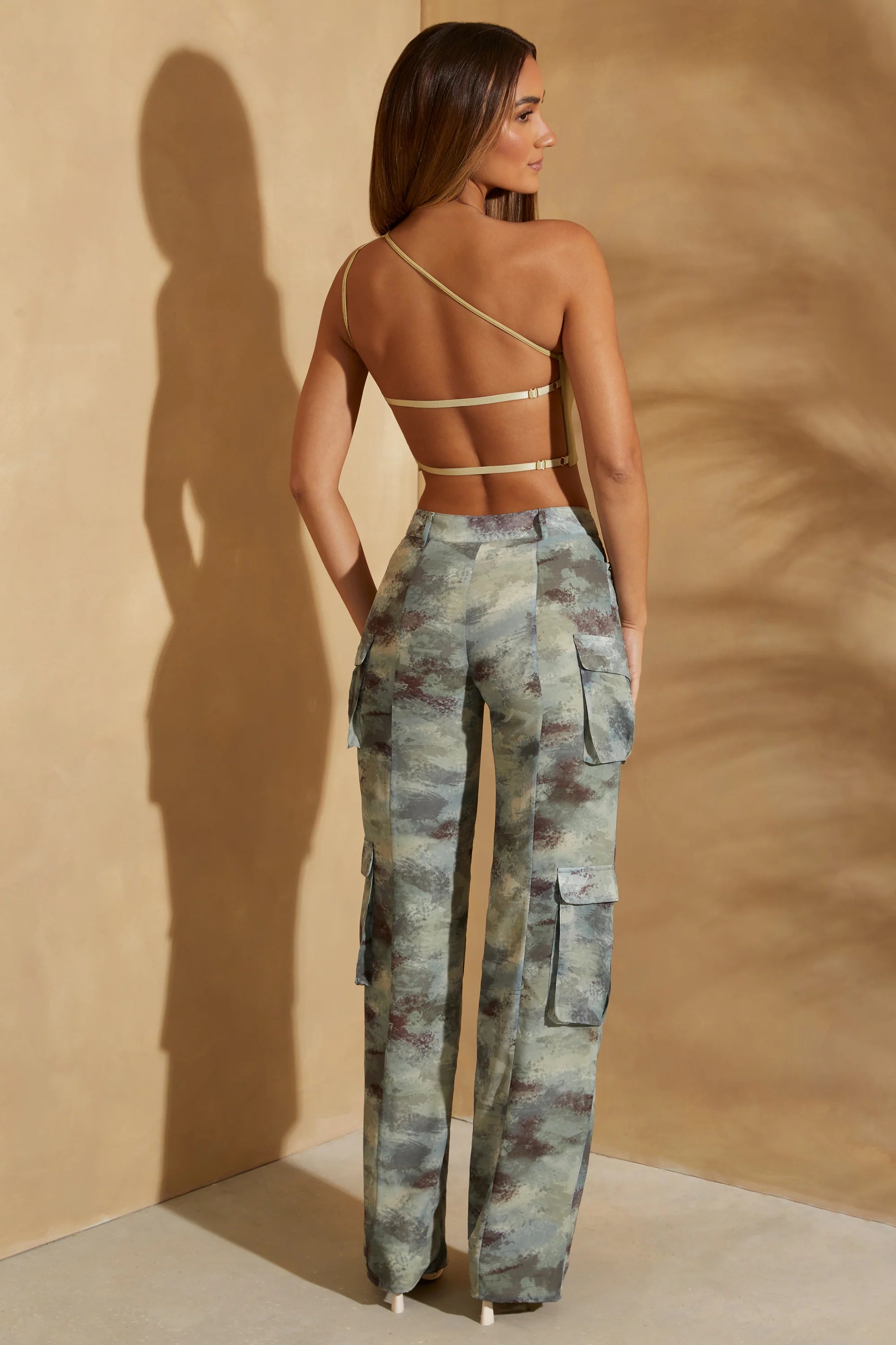 High Waist Camo Cargo Trousers in Khaki Print