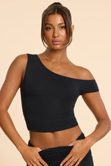 Top in misto cashmere modal con scollo asimmetrico increspato in nero