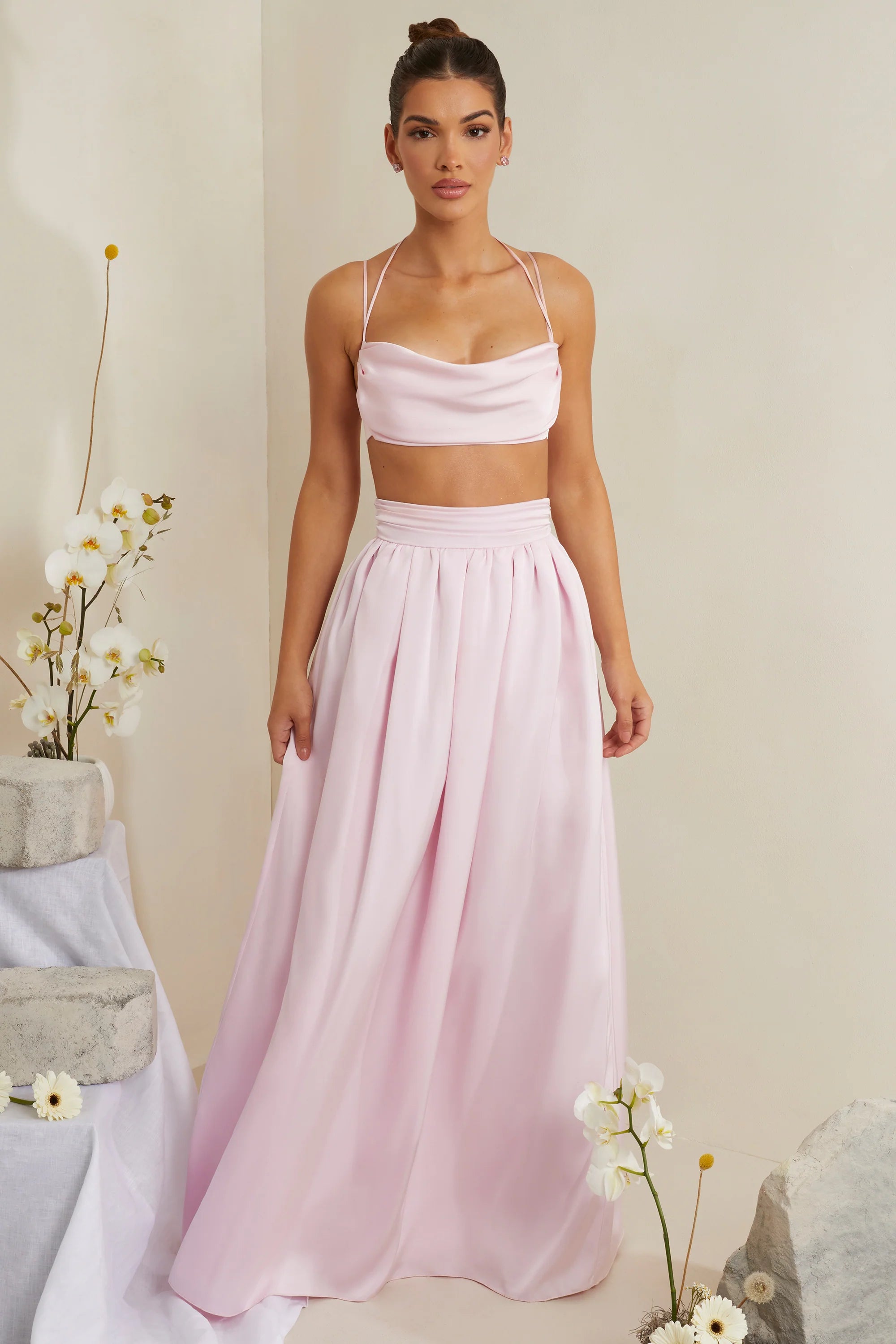 Pleated Heavy Satin Maxi Skirt in Pink