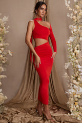 Abito maxi con maniche singole ritagliate in rosso