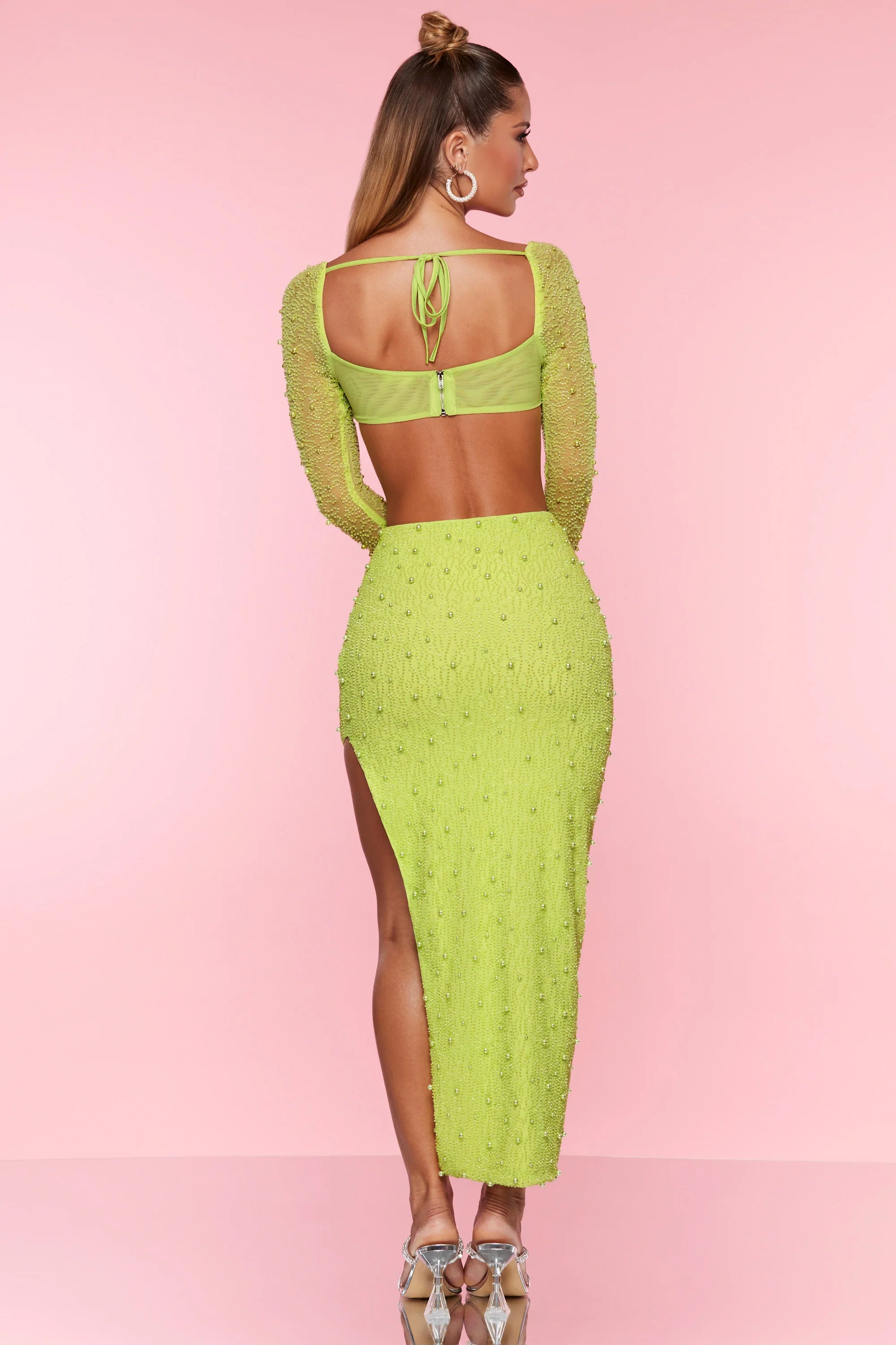 Embellished Cowl Neck Crop Top in Lime