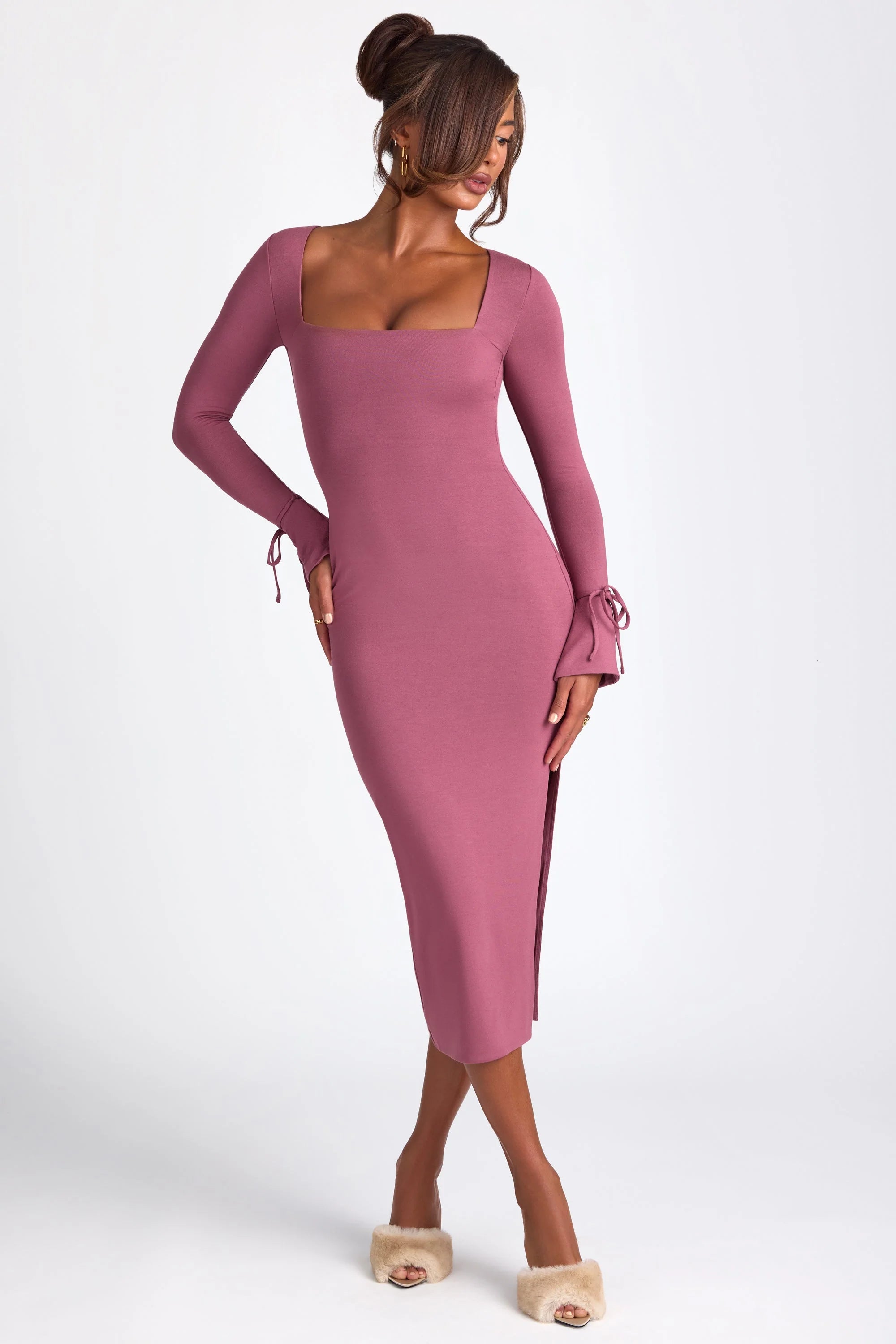 Modal Square Neck Long Sleeve Midaxi Dress in Plum