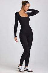 Ribbed Modal Long Sleeve Jumpsuit in Black