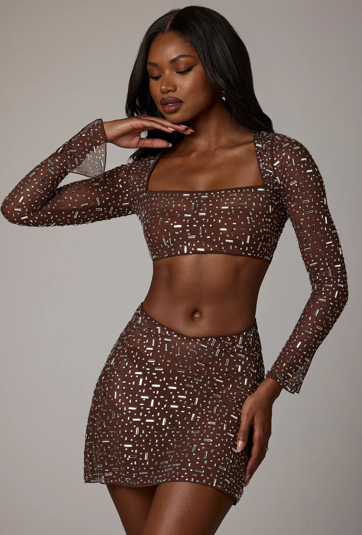 Sheer Embellished V Waist Mini Skirt in Deep Cocoa