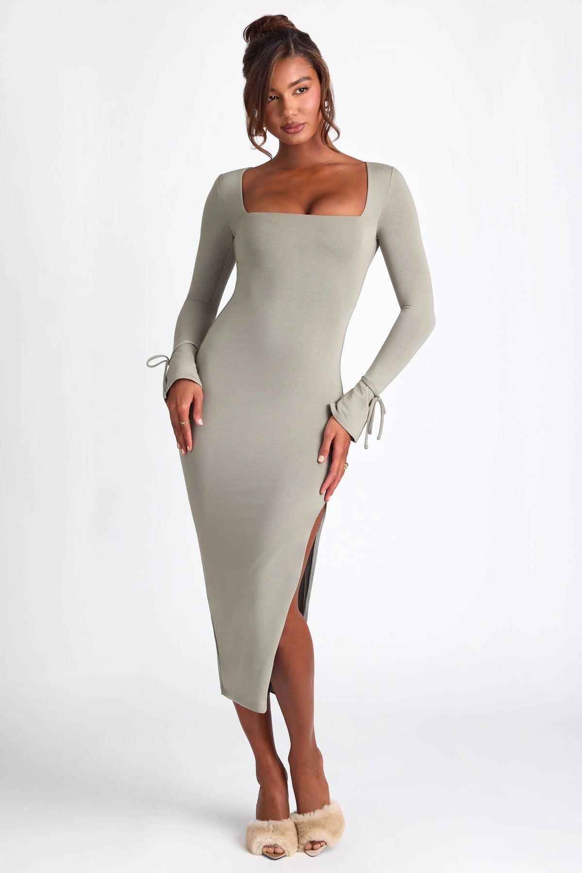 Modal Square Neck Long Sleeve Midaxi Dress in Sage Green