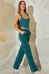 Tweed Square Neck Corset Crop Top in Teal