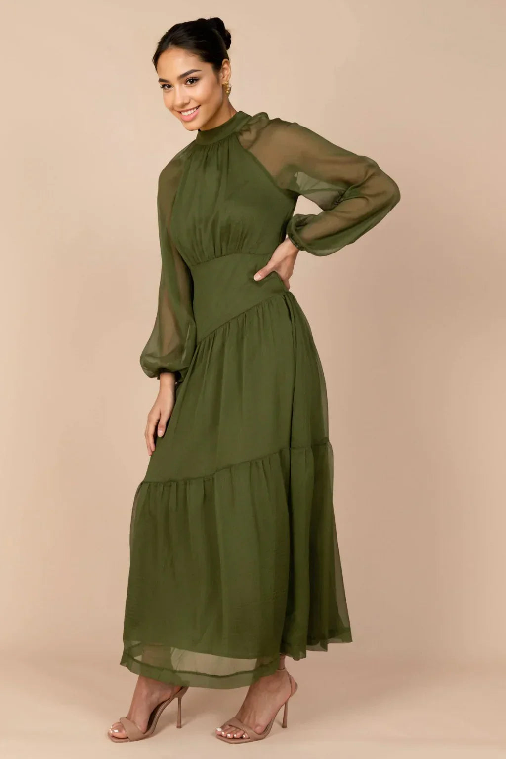 Julip Sheer Long Sleeve Maxi Dress - Olive