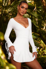 Long Sleeve Ruched A-Line Mini Dress in White