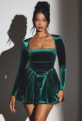 Velvet Long Sleeve Corset Mini Dress in Emerald Green