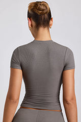 Ribbed Modal High Neck Top in Grey