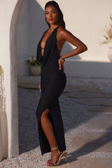 Plunge Cowl Neck Floor Length Dress in Black