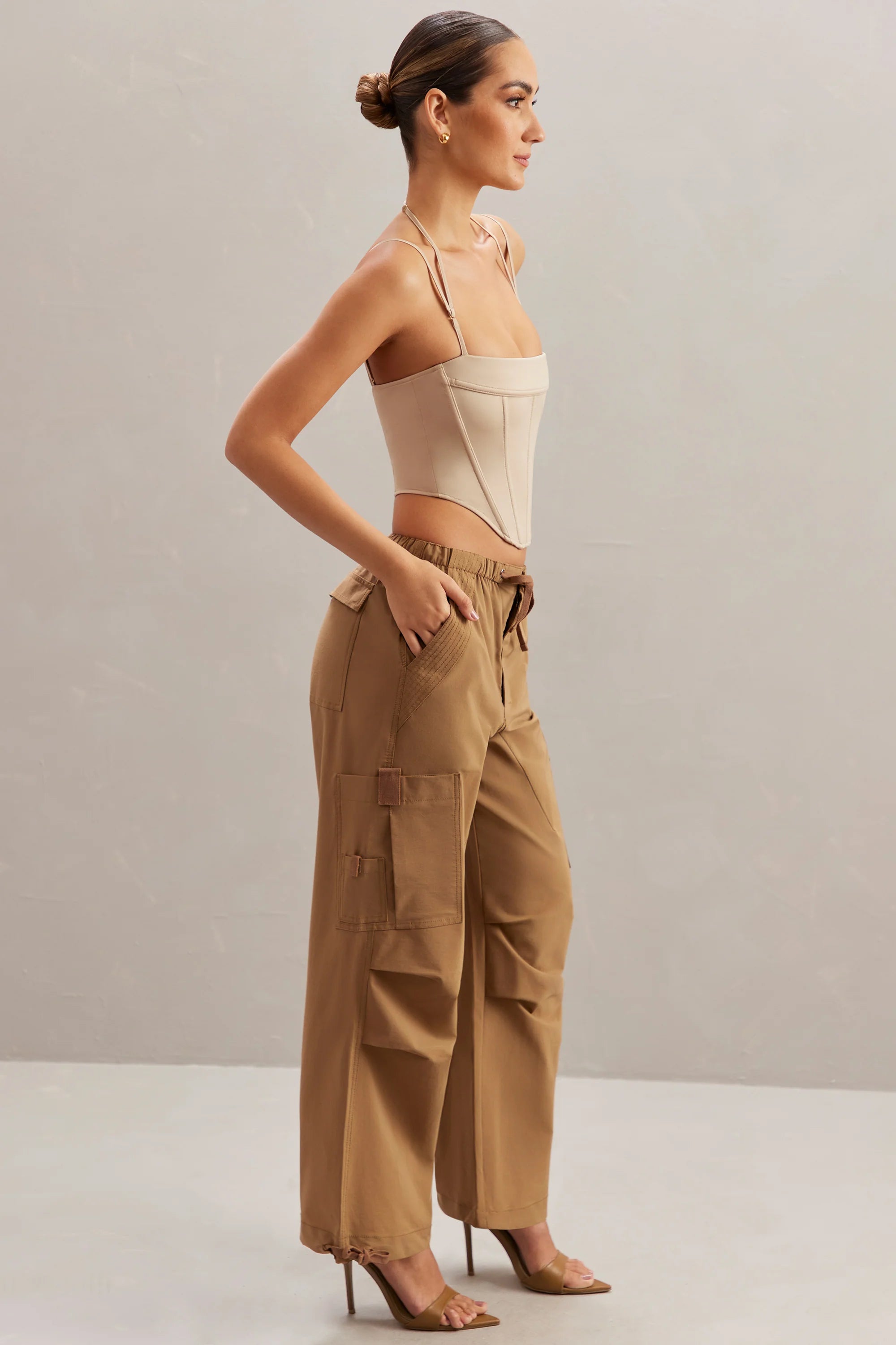 Wide Leg Cargo Trousers in Tan