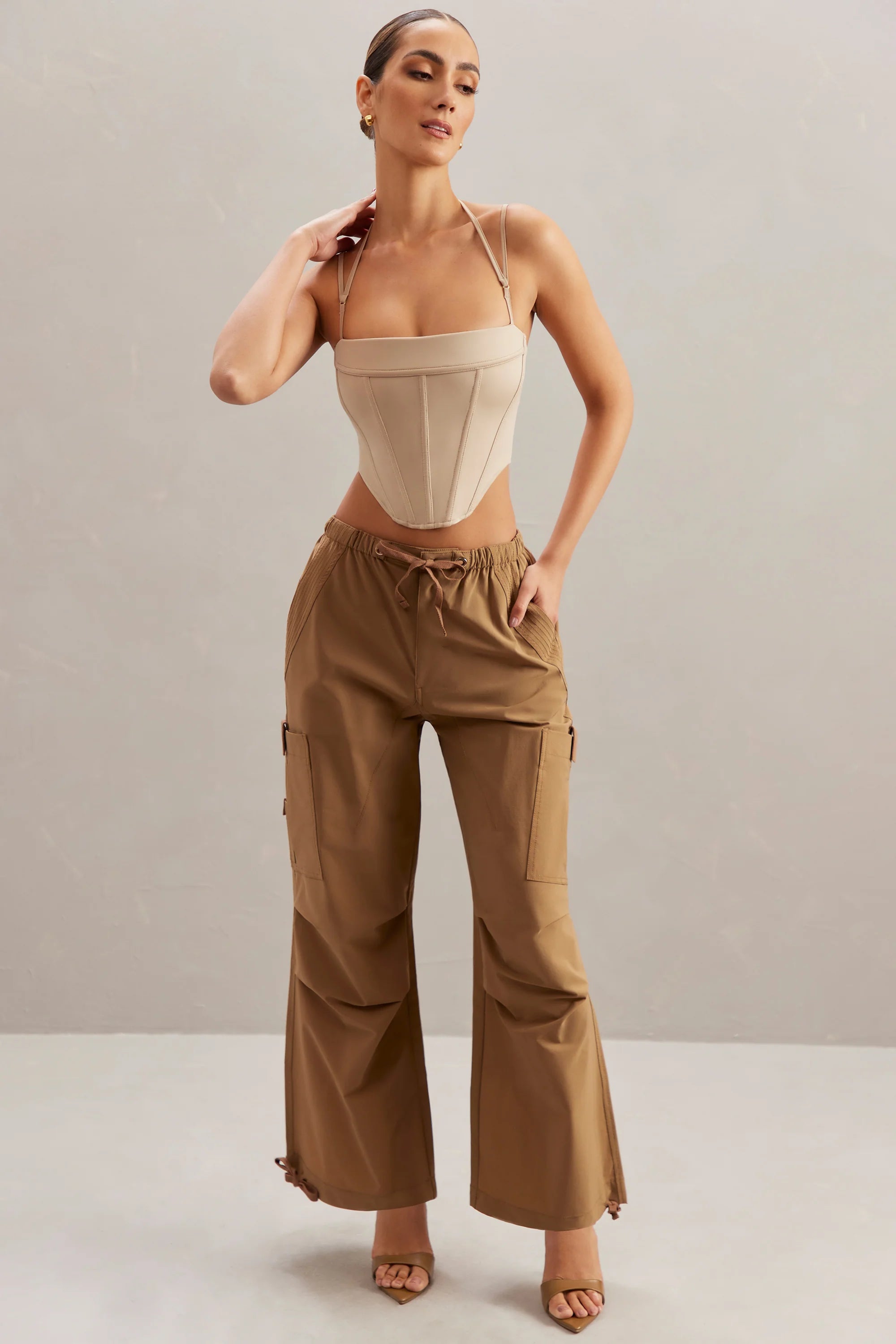 Wide Leg Cargo Trousers in Tan