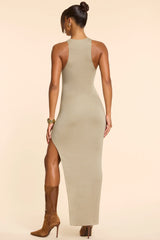 High Neck Racerback Ruched Modal Cashmere Blend Maxi Dress in Taupe