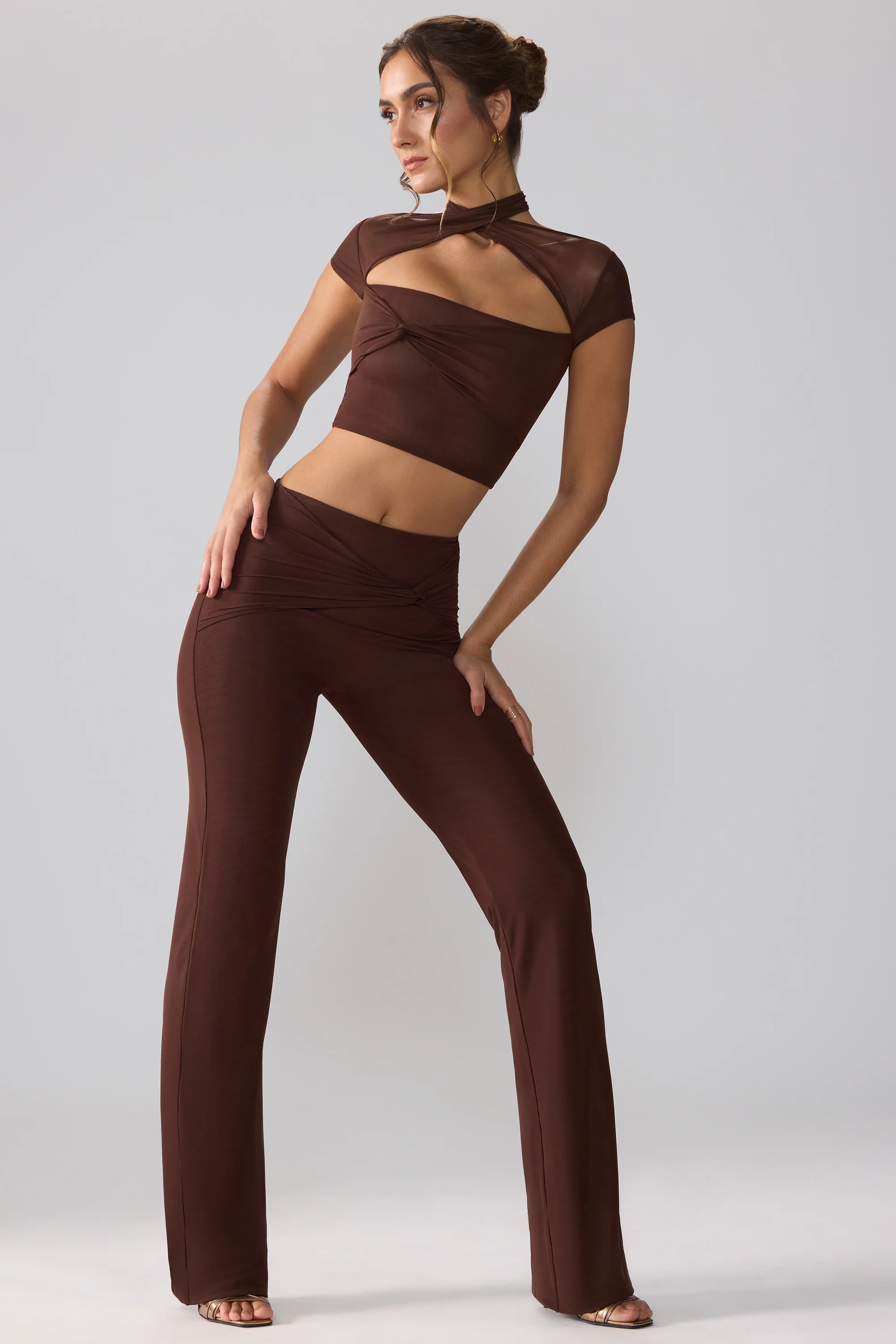 Mesh Mid Rise Twist Overlay Flare Trousers in Espresso