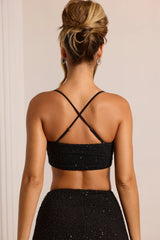 Embellished Cross Back Crop Top in Black