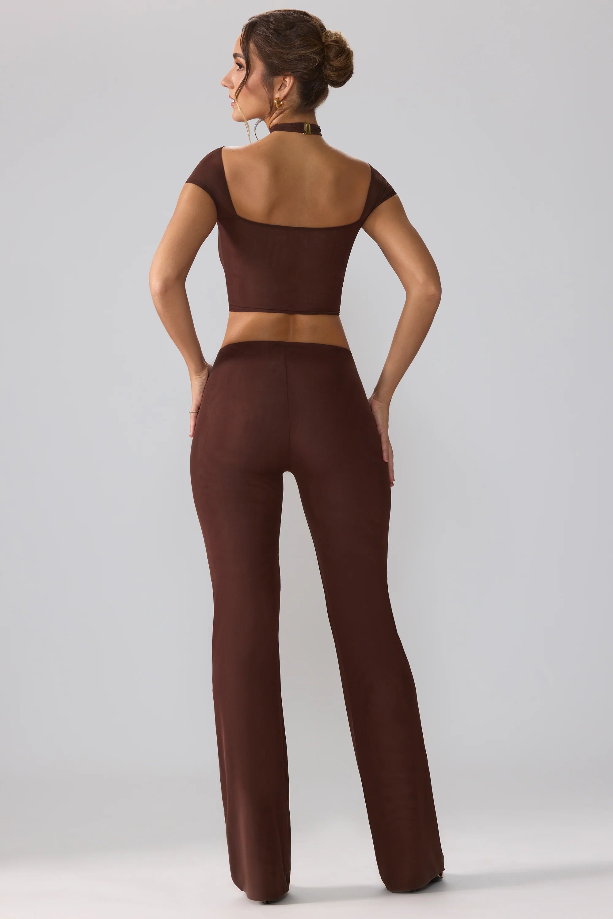 Mesh Mid Rise Twist Overlay Flare Trousers in Espresso